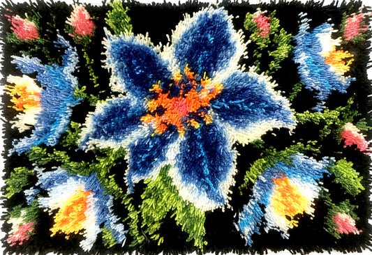 KitsMaster Blue Flower Latch Hook Kits, Pre-Printed Canvas with Color-Labeled Yarn, DIY Floral Rug Making Kit for Adults & Beginners, Perfect Craft Gift, 23.6''x15.8' (Midnight Bloom)
