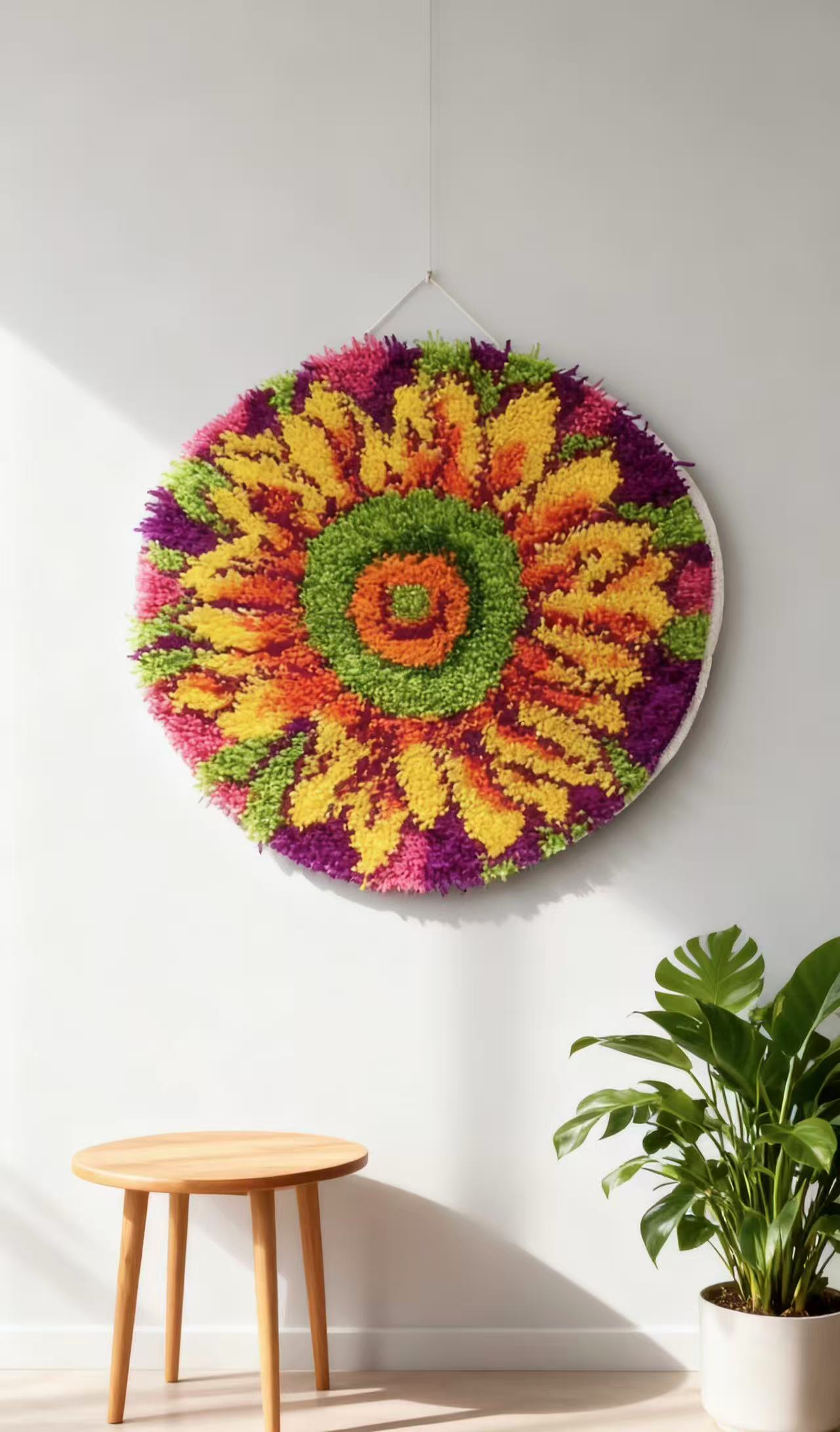 Vibrant Sunflower Floral Mandala Latch Hook Kits, with Magenta & Purple Background – Pre-Printed Canvas, Colorful Floral Rug Craft, Size 20x20in/51x51cm