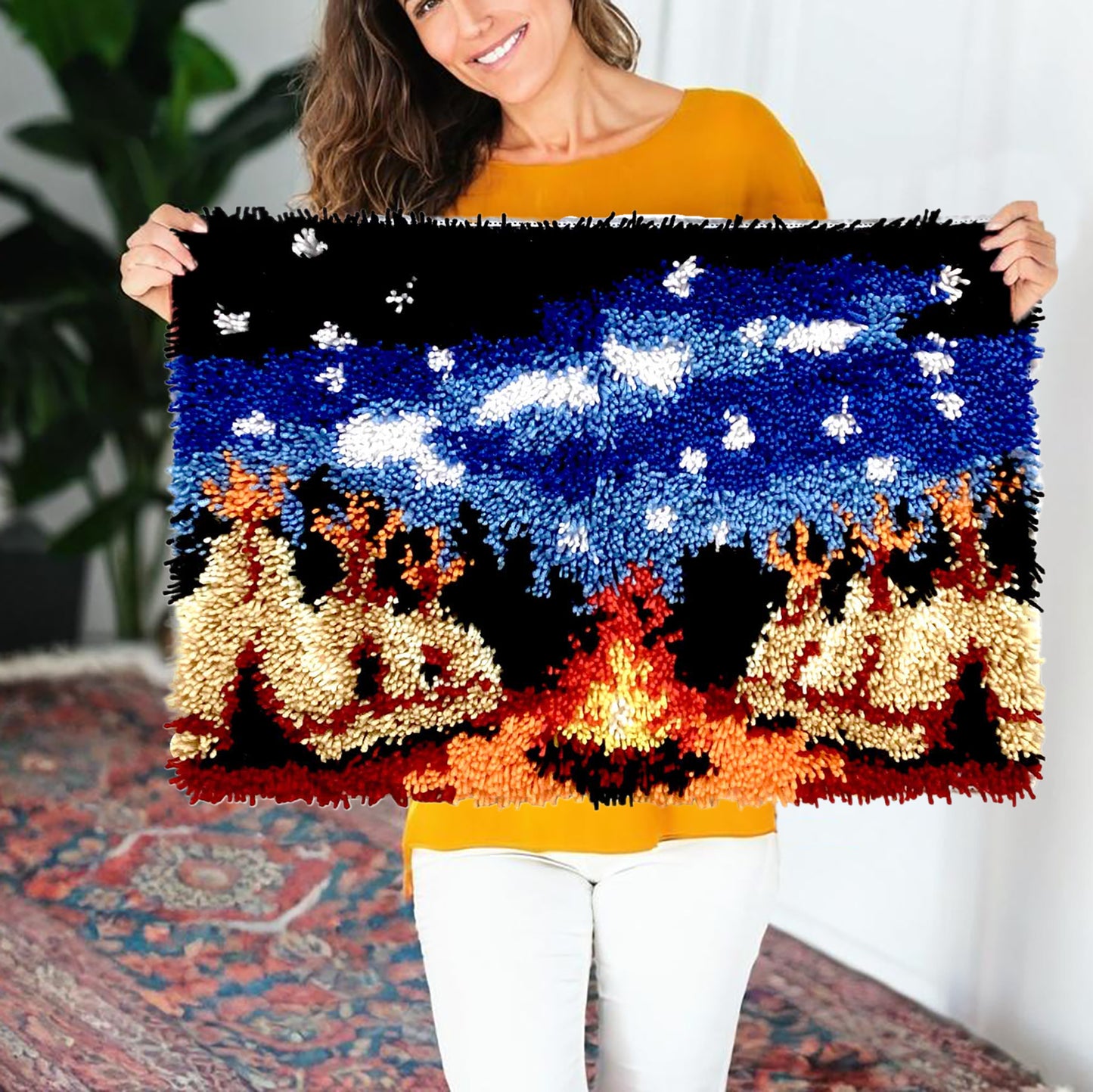 KitsMaster Campfire Night Latch Hook Kit –Cozy Tent Scene Under Starry Sky | DIY Rug Making Kit for Adults & Beginners | Pre-Printed Canvas, Soft Yarn & Anti-Slip Backing –Latch Hook Kits for Adults, Crafts for Adults, 23.6''x15.8''  (Starlit Campfire)