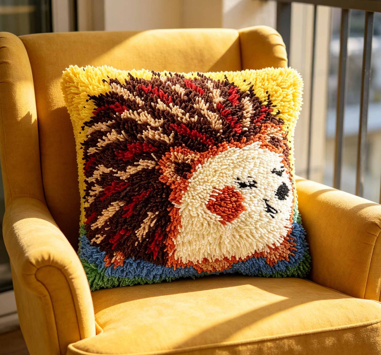 KitsMaster Hedgehog Latch Hook Pillow Cover Kit, Fluffy Animal Cushion Kit for Beginners & Adults, DIY Craft Gift for Animal Lovers, 17’’X17’’/ 43X43CM ( Adorable Hedgehog)