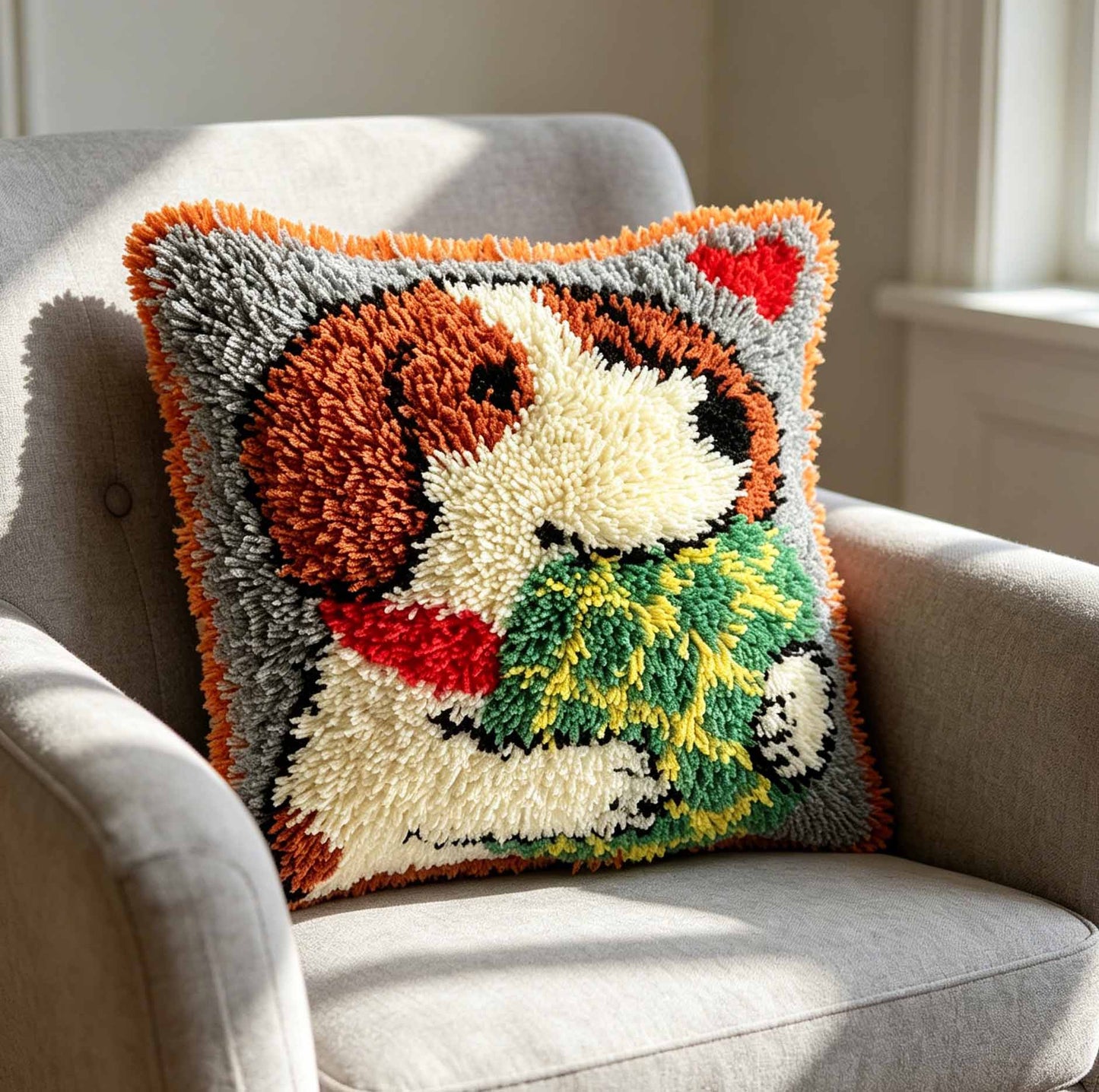 KitsMaster Sweet Puppy Hug Pillow Latch Hook Craft Kit, Cute Dog Cushion Cover Kit, Cute Animal Craft Kit, Easy for Beginners Adults, 17’’X17’’/ 43X43CM ( Puppy with Pillow)