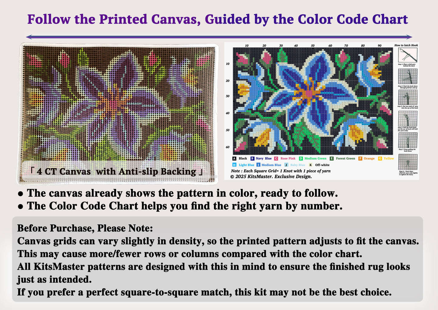 KitsMaster Blue Flower Latch Hook Kits, Pre-Printed Canvas with Color-Labeled Yarn, DIY Floral Rug Making Kit for Adults & Beginners, Perfect Craft Gift, 23.6''x15.8' (Midnight Bloom)