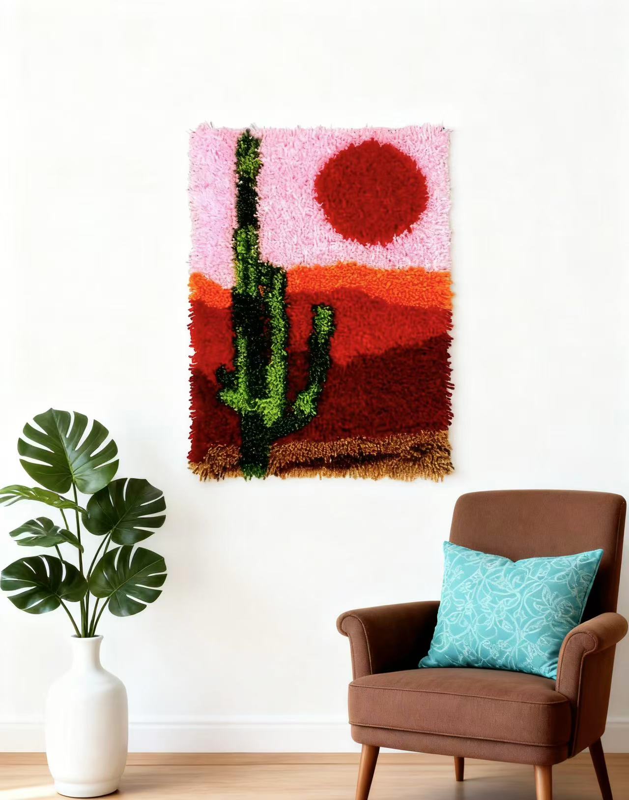 Cactus Latch Hook Rug Kit for Adults Beginners, Desert Sunset DIY Craft Rug & Southwest Wall Decor, Relaxing Craft Hobby & Gift, 23.6''x15.8'' (Desert Charm)