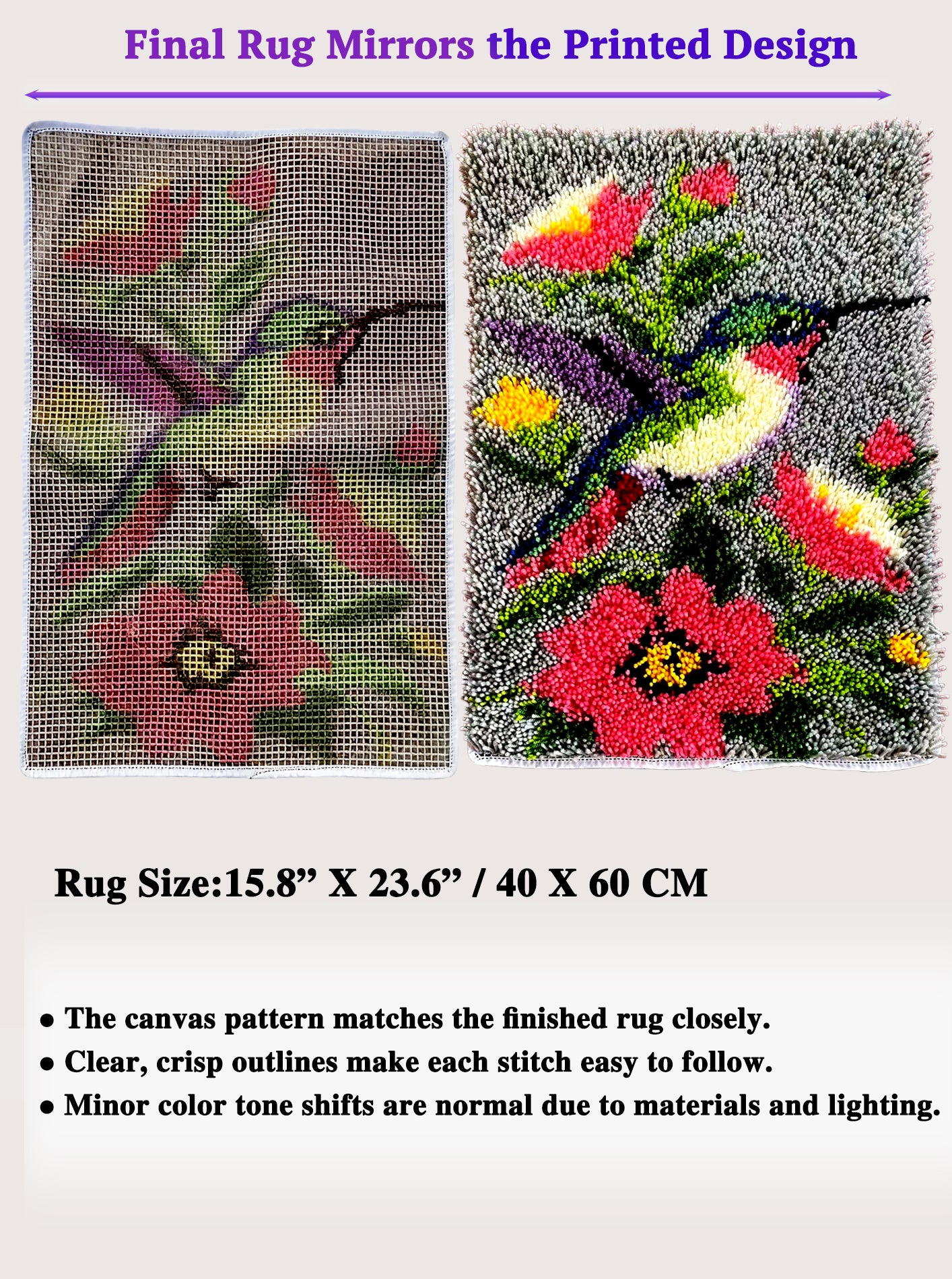 Humming Bird & Flowers Latch Hook Kits for Adults, Beginner Friendly Rug Making Kit – Relaxing Yarn Craft for Wall Decor Holiday Gifts, 23.6''x15.8'' (Hummingbird Bloom)