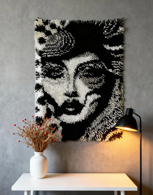 Monochrome Lady Portrait  Latch Hook Kits for Adults & Beginners-Classic Retro Face Pattern-Complete DIY Craft Kit, Includes Pre-Printed Canvas, Pre-Cut Yarns, Tool, (Size 23.6" X 15.8")