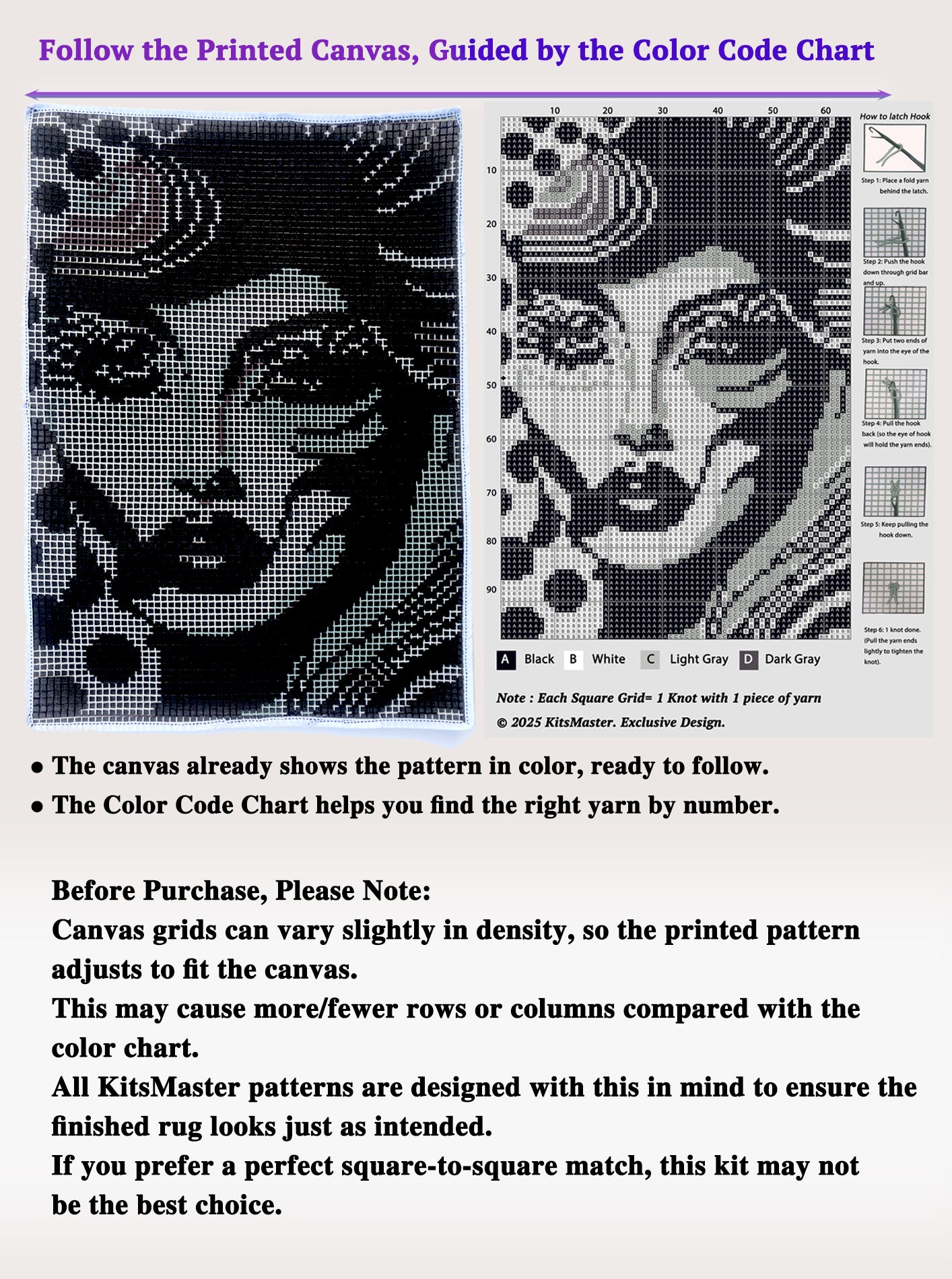 Monochrome Lady Portrait  Latch Hook Kits for Adults & Beginners-Classic Retro Face Pattern-Complete DIY Craft Kit, Includes Pre-Printed Canvas, Pre-Cut Yarns, Tool, (Size 23.6" X 15.8")