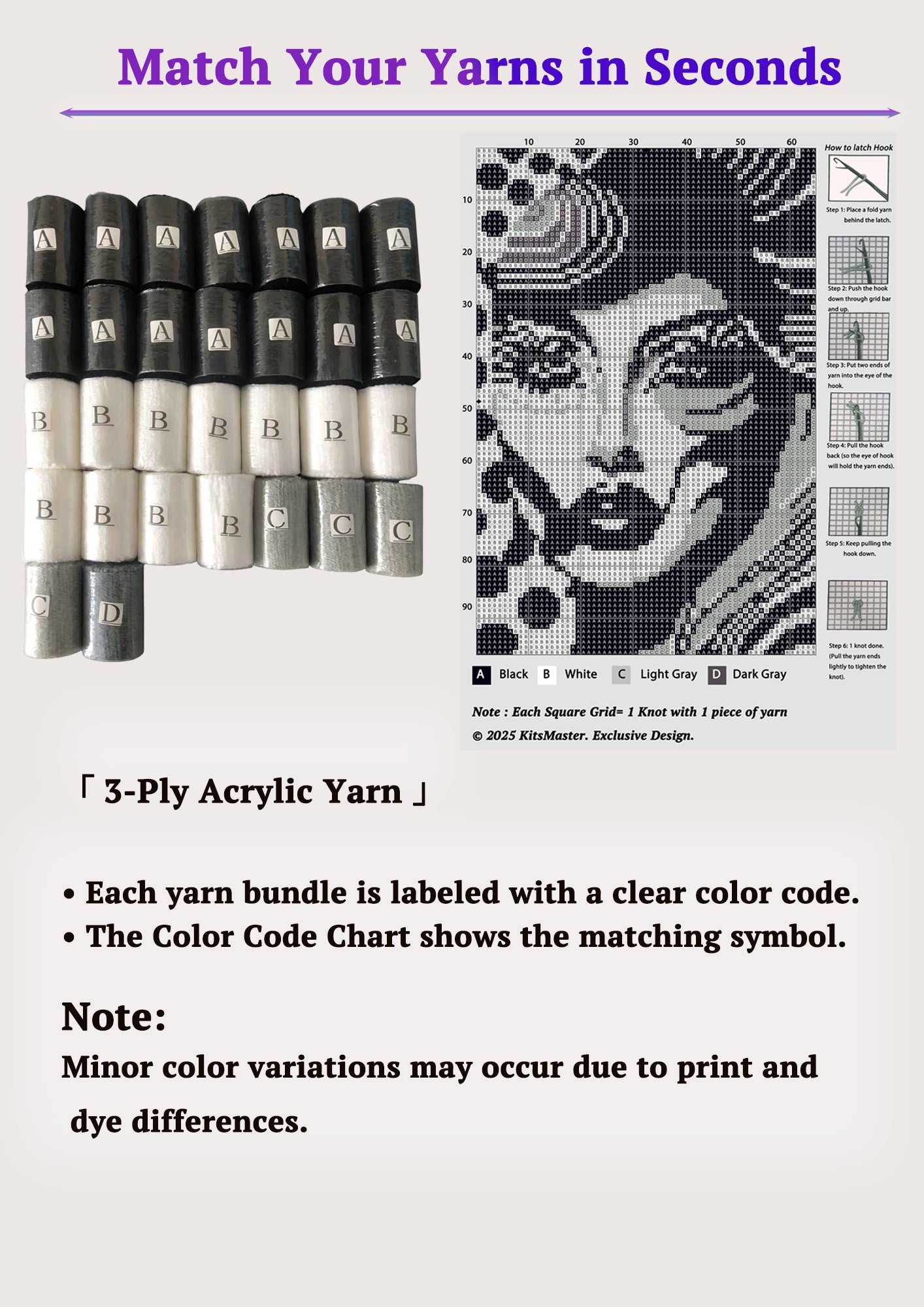 Monochrome Lady Portrait  Latch Hook Kits for Adults & Beginners-Classic Retro Face Pattern-Complete DIY Craft Kit, Includes Pre-Printed Canvas, Pre-Cut Yarns, Tool, (Size 23.6" X 15.8")