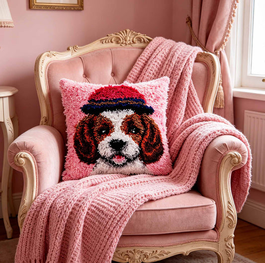 KitsMaster Adorable Dog Latch Hook Cushion Cover Craft Kit, Sweet Dog Portrait DIY Cushion Kit with Pre-Printed Canvas for Home Decor Gift, 17’’X17’’/ 43X43CM ( Puppy with Hat)