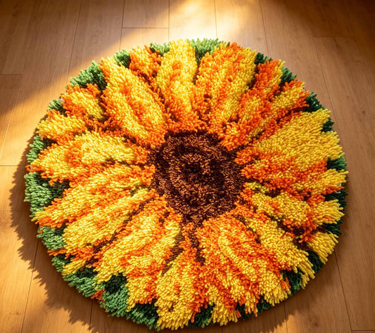 Round Sunflower Latch Hook Rug Kit – DIY Floral Carpet, Bright Yellow Flower Design, Pre-Printed Canvas, Easy Latch Hook Kit for Adults Beginners, 20''x20'' (Blooming Sunflower)