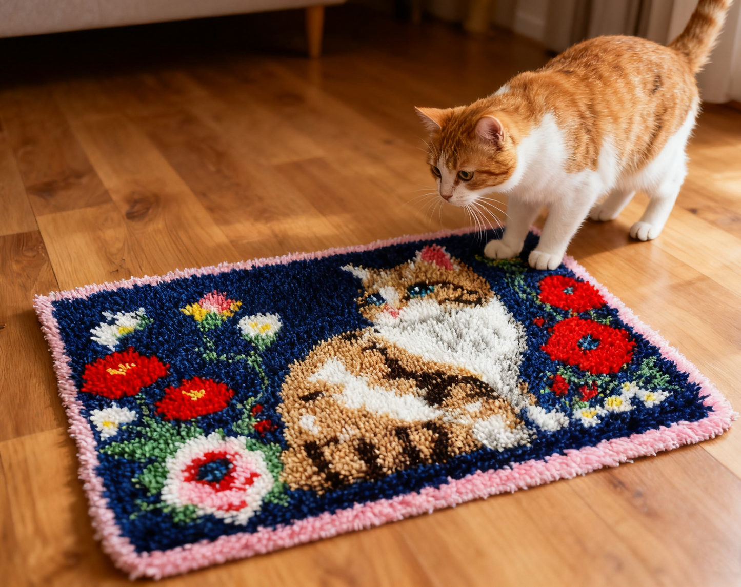 Cat and Flower Latch Hook Kits| 4 Mesh Pre-Printed Canvas with Anti-slip Backing,  Pre-Cut Yarn and Tool, 60X40cm/23.6''X15.8''
