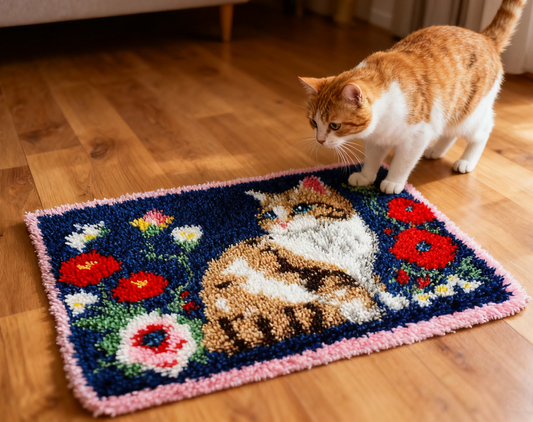 Cat and Flower Latch Hook Kits| 4 Mesh Pre-Printed Canvas with Anti-slip Backing,  Pre-Cut Yarn and Tool, 60X40cm/23.6''X15.8''